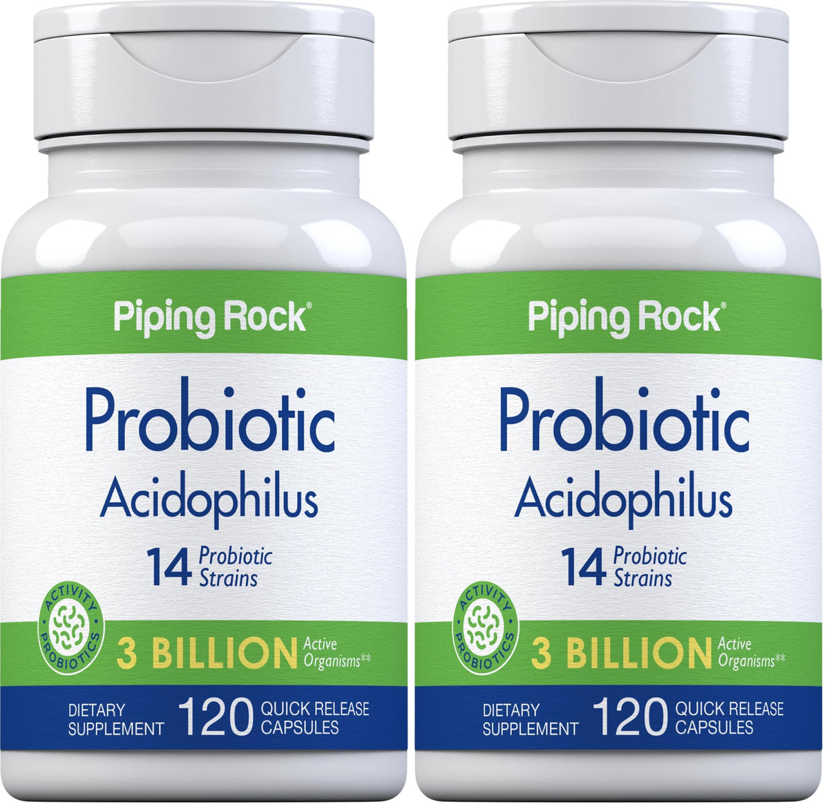 Piping Rock Probiotic Acidophilus packaging front with 3 billion live cultures per serving.