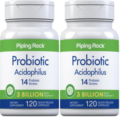 Piping Rock Probiotic Acidophilus packaging front with 3 billion live cultures per serving.