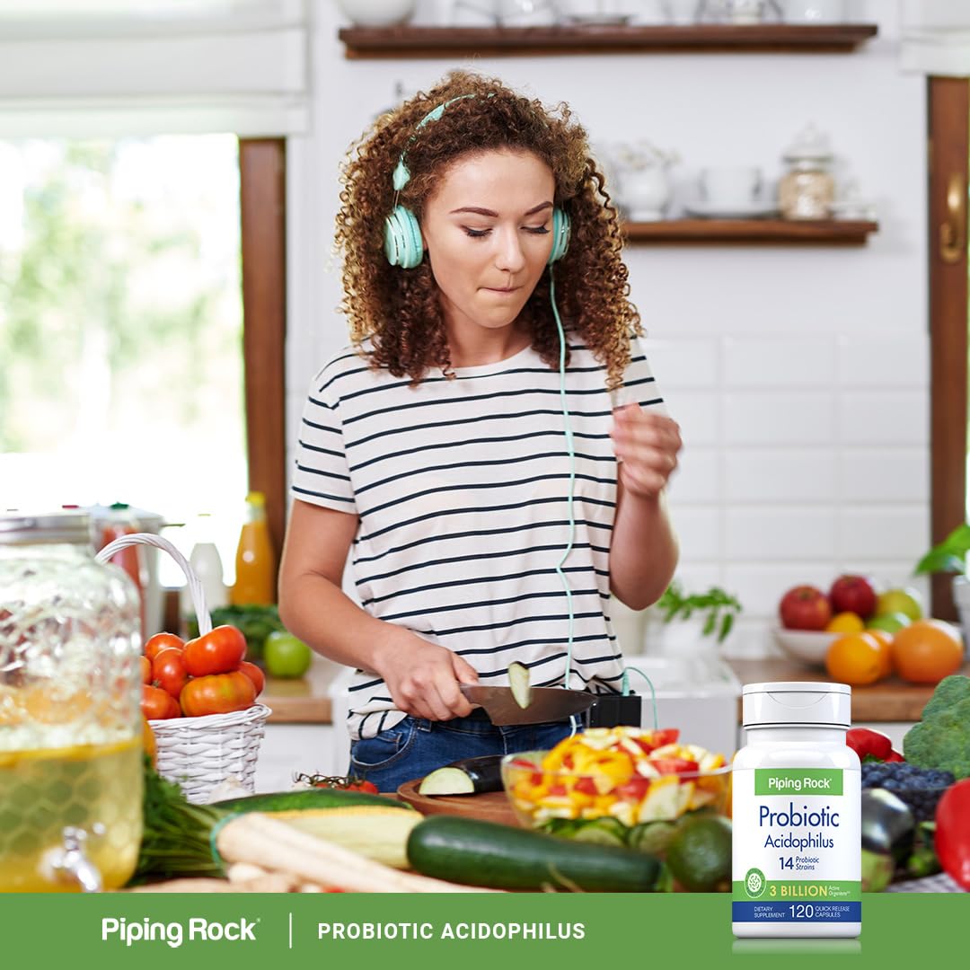 Piping Rock Probiotic Acidophilus quick-release capsules arranged for daily use.