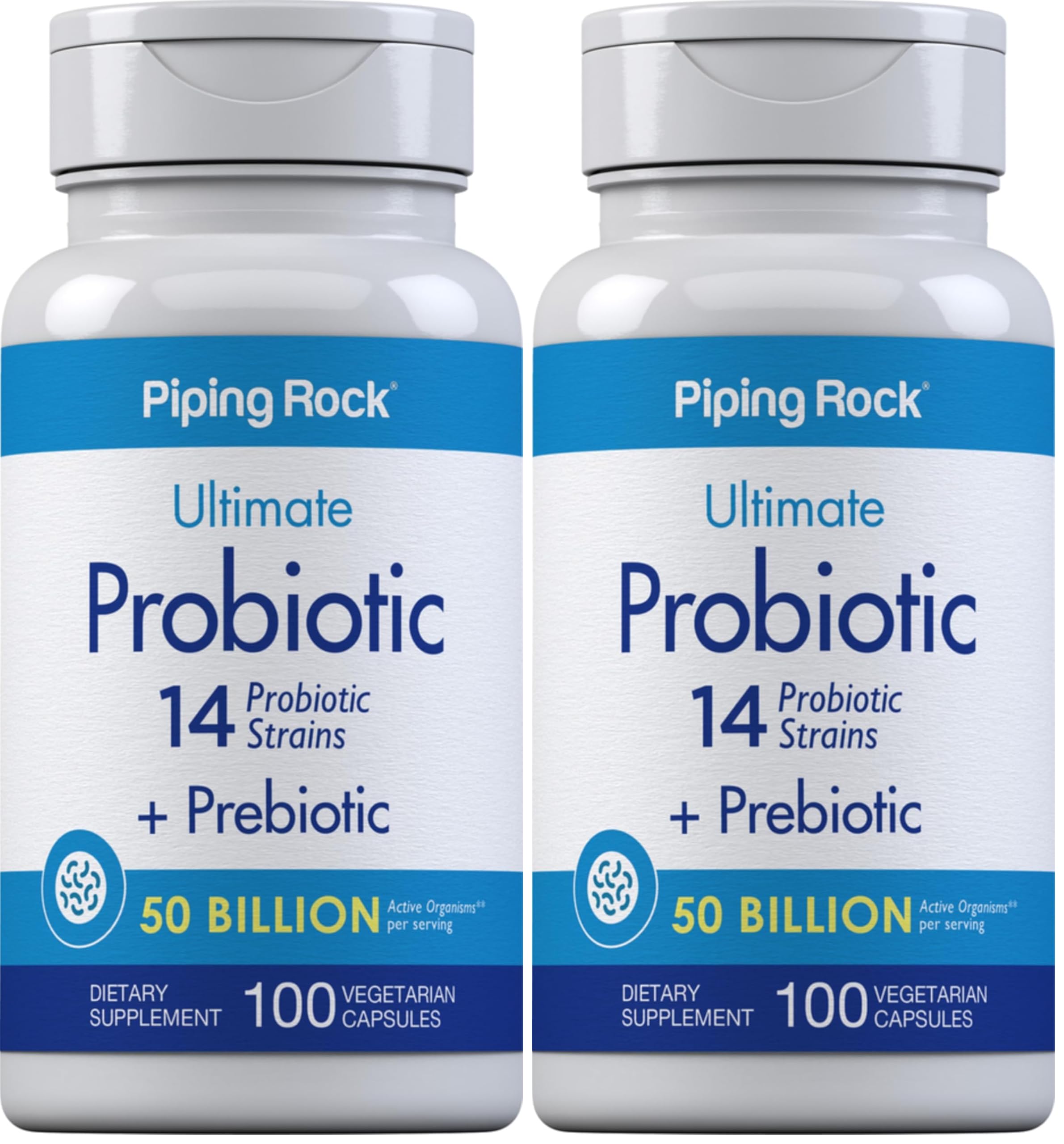 Piping Rock probiotic bottle front label highlights 50B CFU for daily gut support