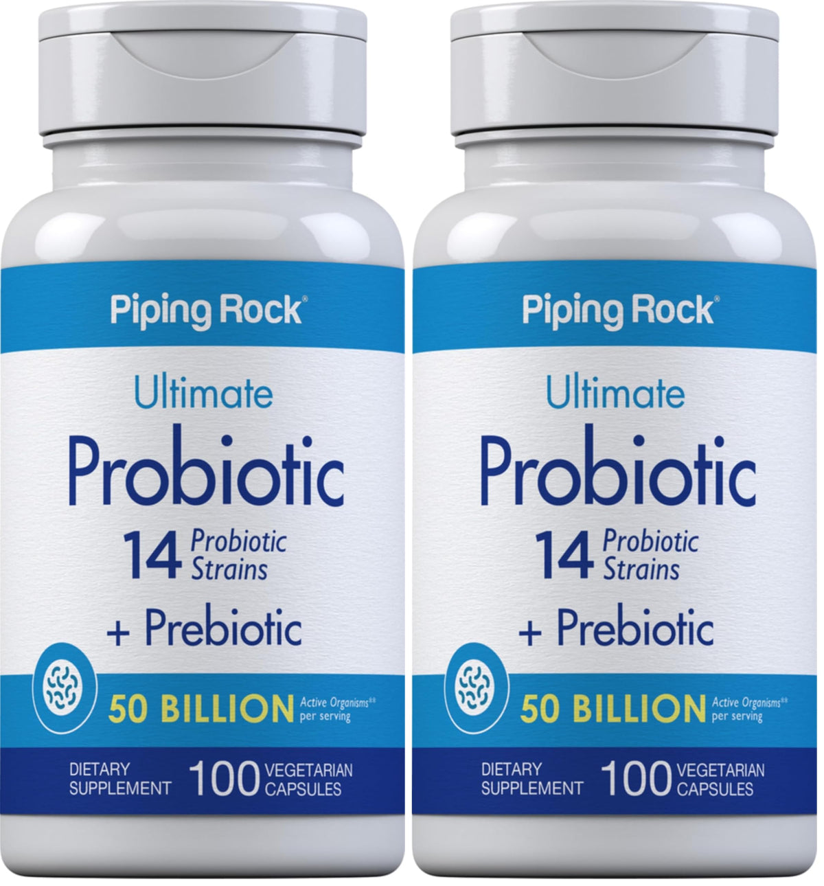 Piping Rock probiotic bottle front label highlights 50B CFU for daily gut support