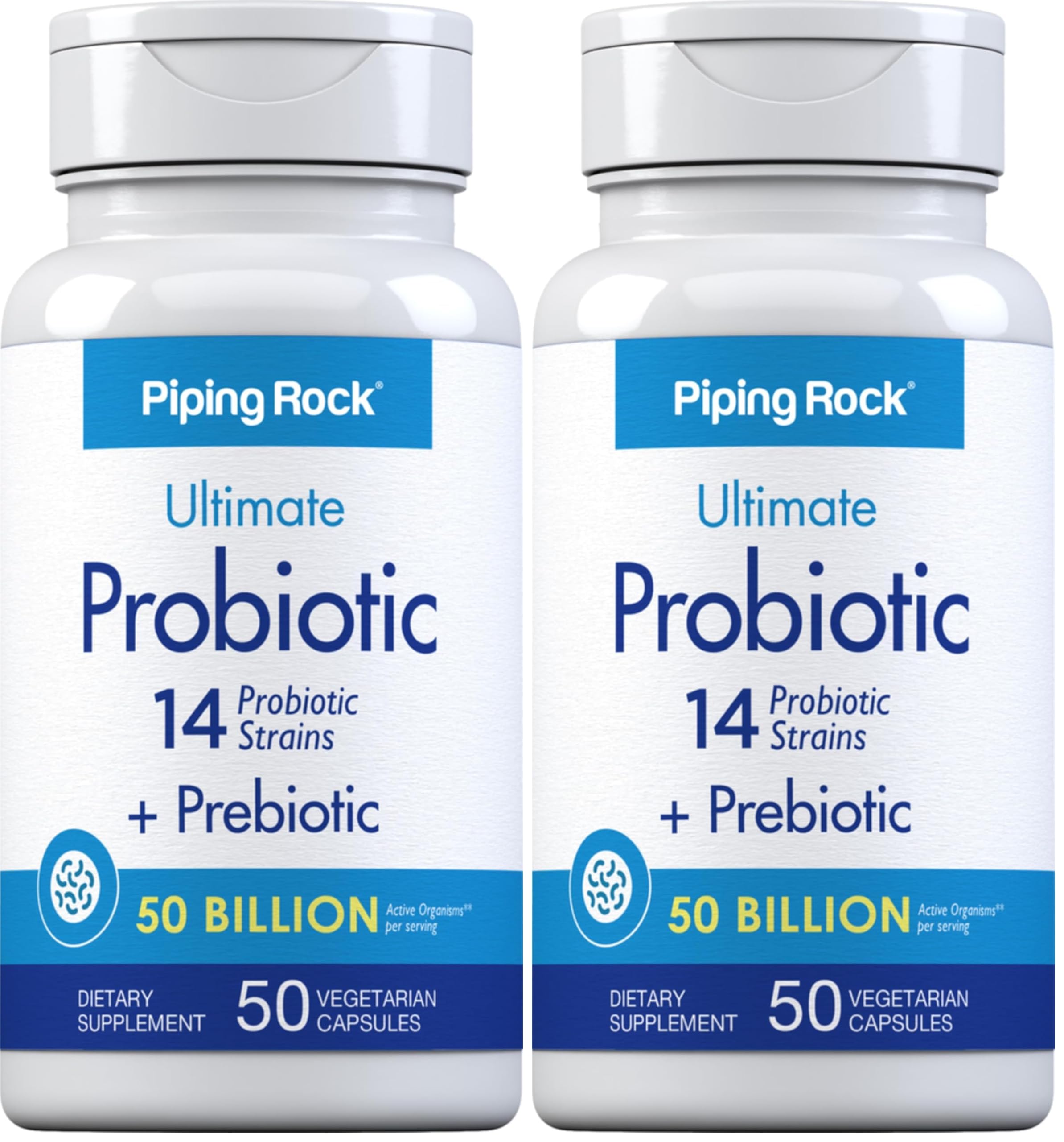 Piping Rock Probiotic bottle with label, suggesting daily digestive balance.