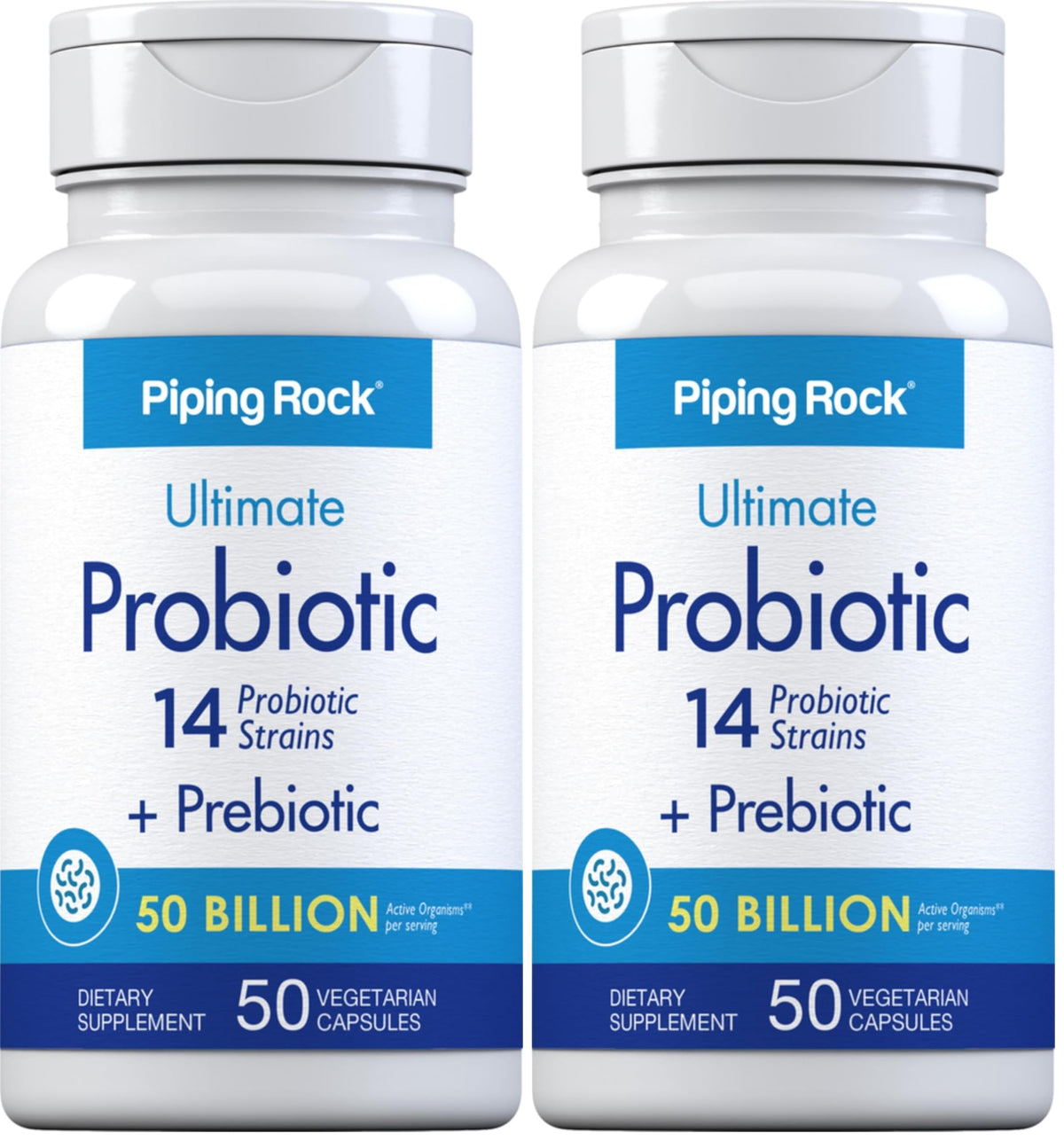 Piping Rock Probiotic bottle with label, suggesting daily digestive balance.