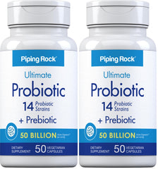 Piping Rock Probiotic bottle with label, suggesting daily digestive balance.