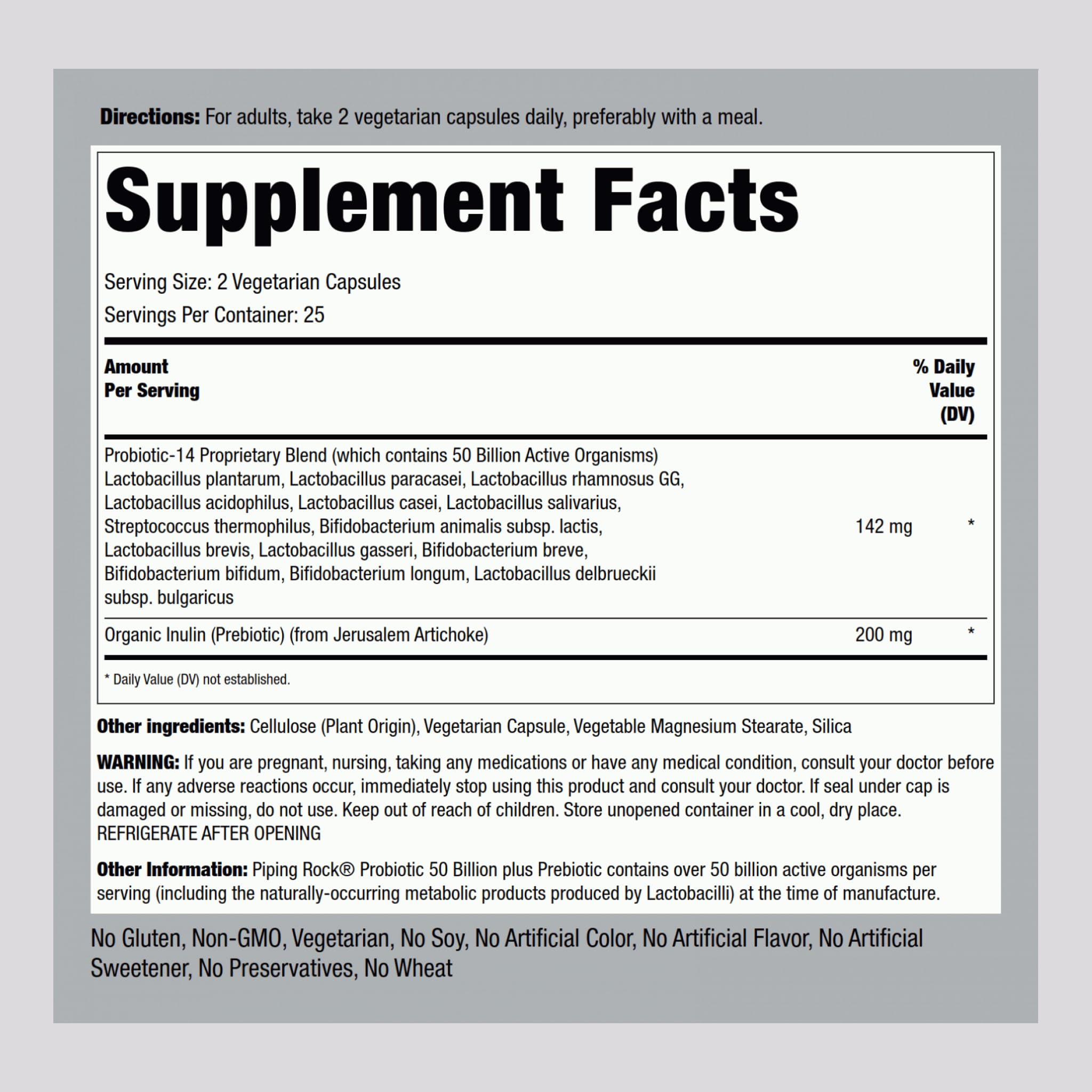 Piping Rock Probiotic capsules close-up, vegetarian capsules for easy daily use.