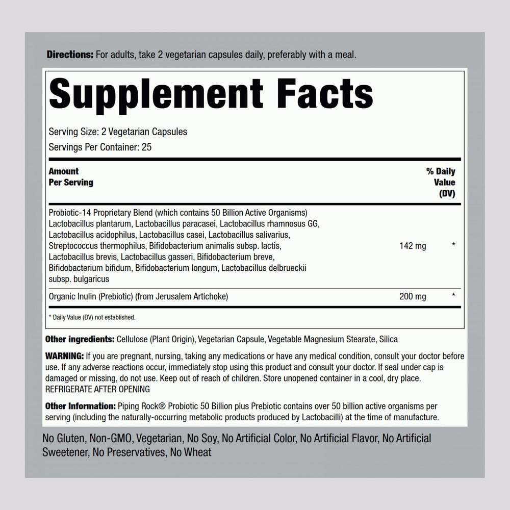 Piping Rock Probiotic capsules close-up, vegetarian capsules for easy daily use.