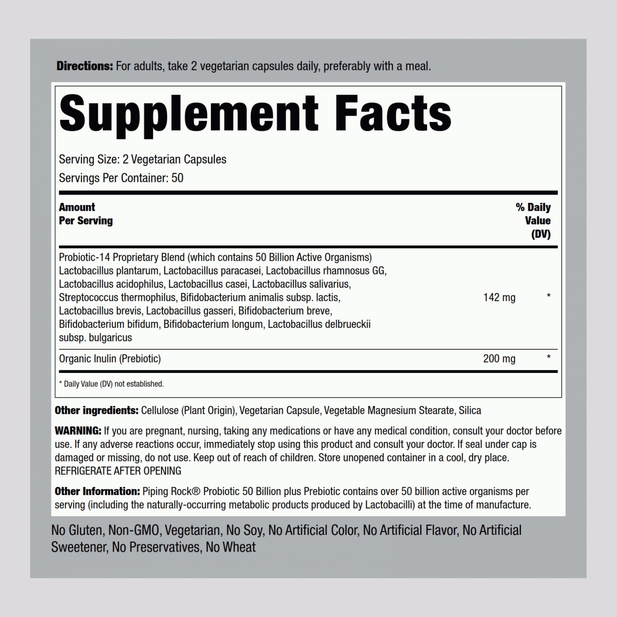 Piping Rock probiotic capsules close-up showing vegetarian daily supplementation