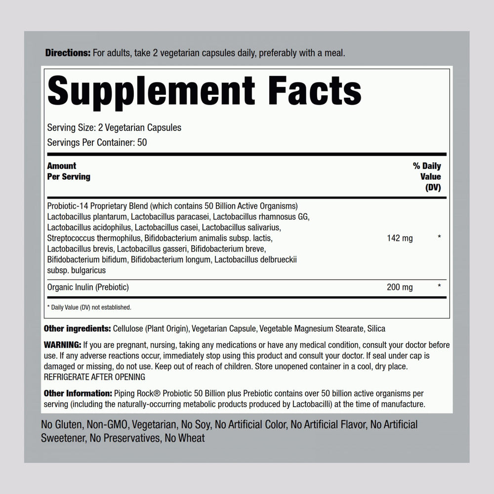 Piping Rock probiotic capsules close-up showing vegetarian daily supplementation