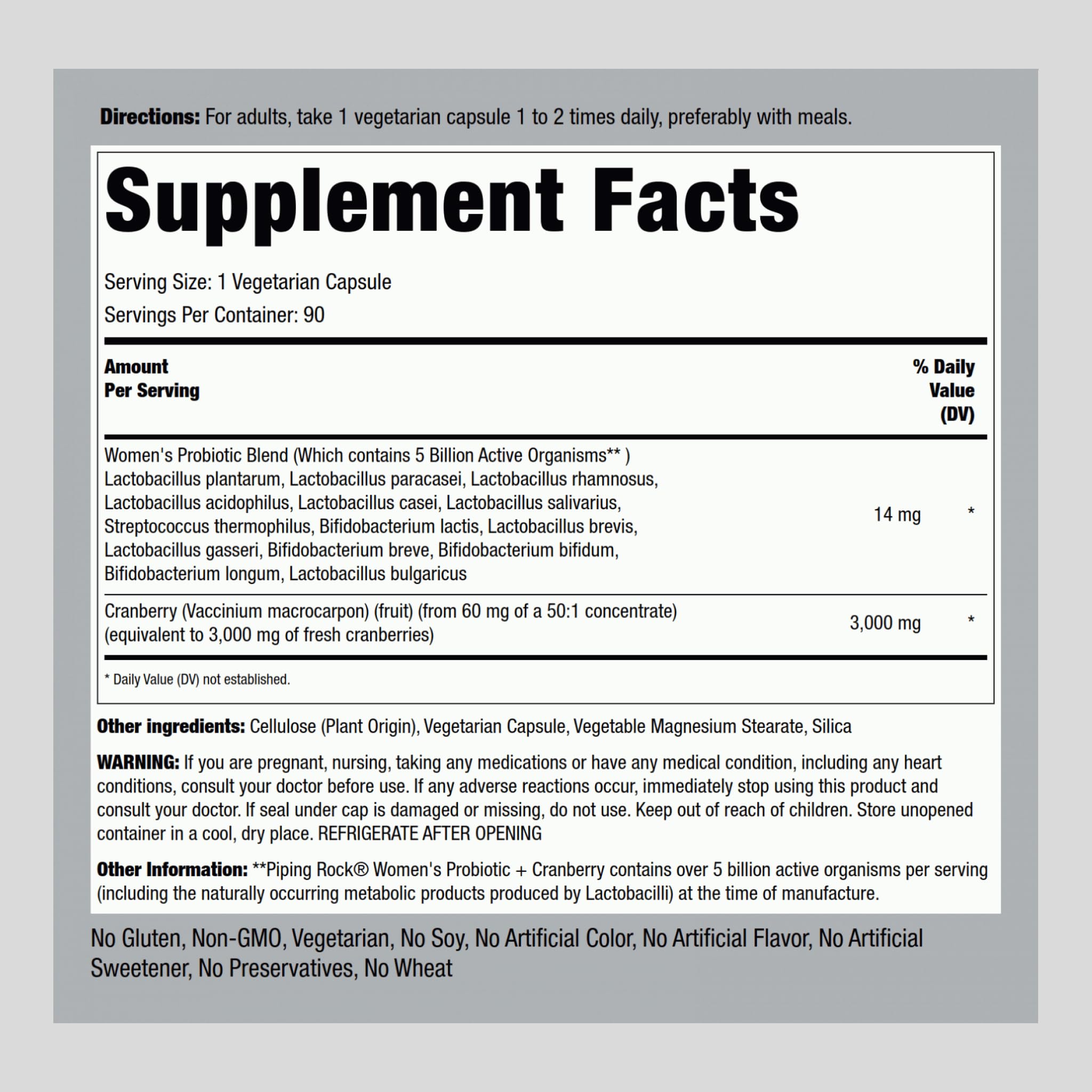 Piping Rock Probiotic capsules close-up for vegetarian daily intake