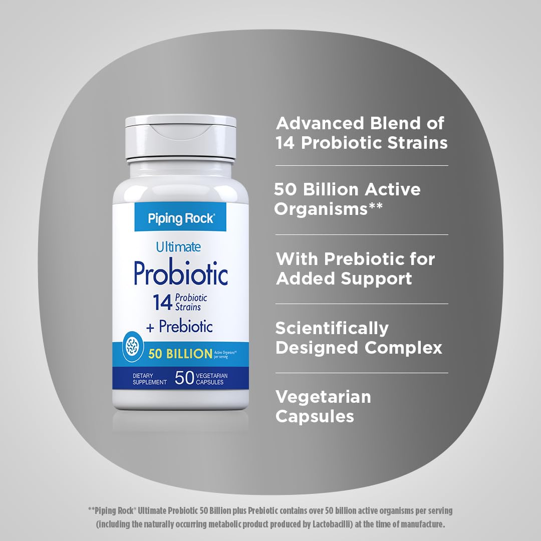 Piping Rock Probiotic with prebiotic inulin label emphasizing added prebiotic support.