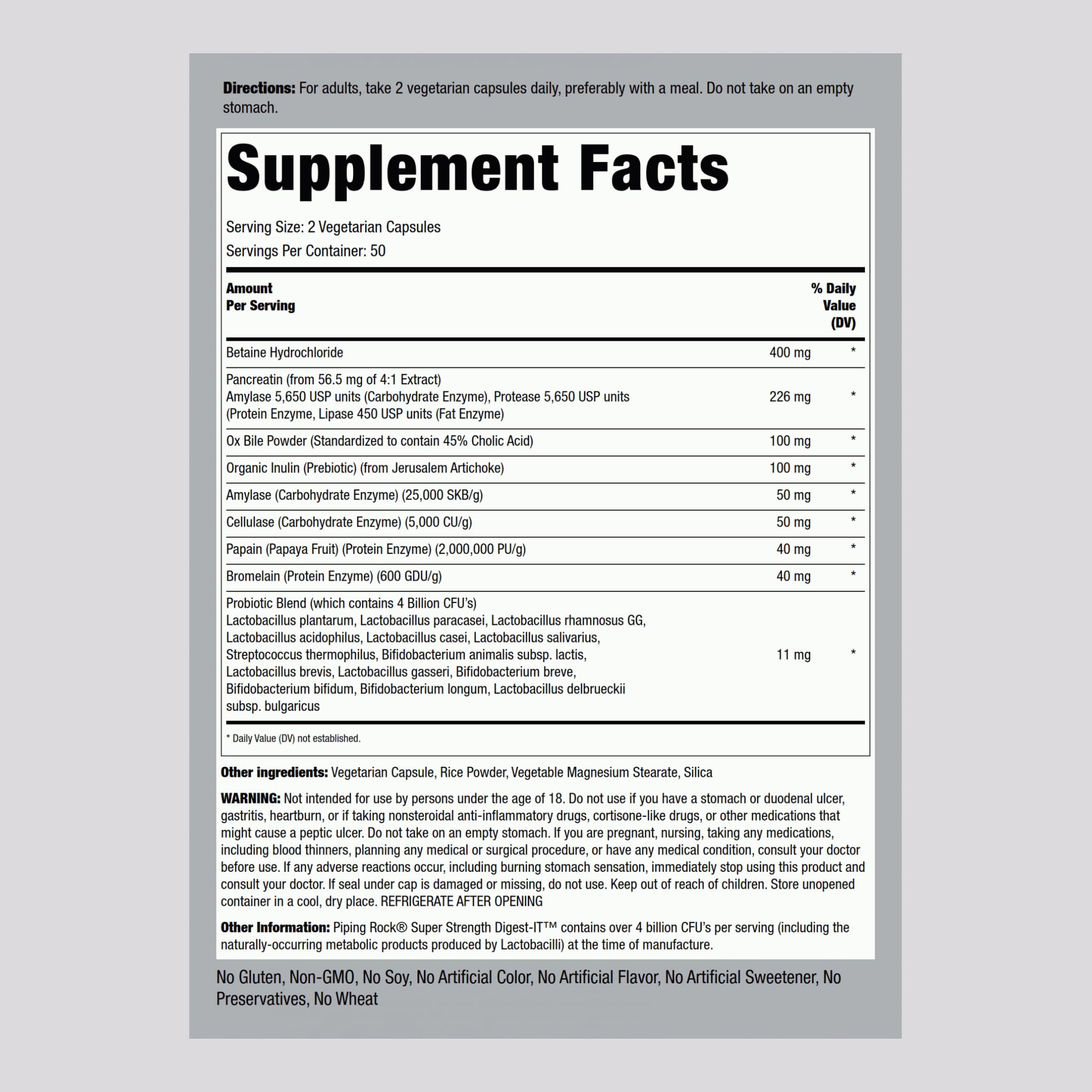 Piping Rock probiotics bottle close-up highlighting probiotic blend and quality.
