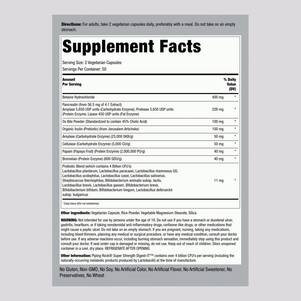 Piping Rock probiotics bottle close-up highlighting probiotic blend and quality.