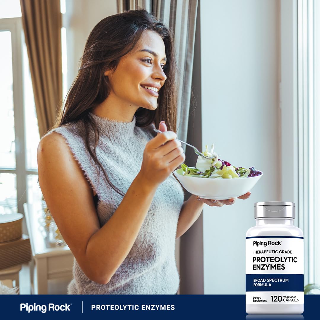 Macro shot of Piping Rock Proteolytic Enzymes capsule texture emphasizing vegetarian formulation.
