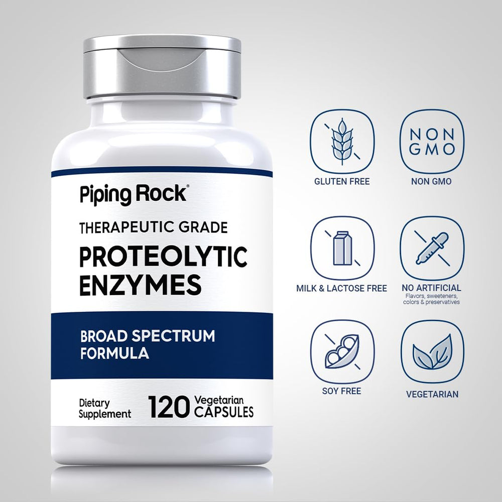 Piping Rock Proteolytic Enzymes label detail highlighting purity and trusted ingredients.