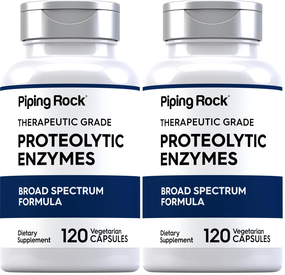 Piping Rock Proteolytic Enzymes bottle with 120 capsules in two-pack, lifestyle-friendly image for product page.