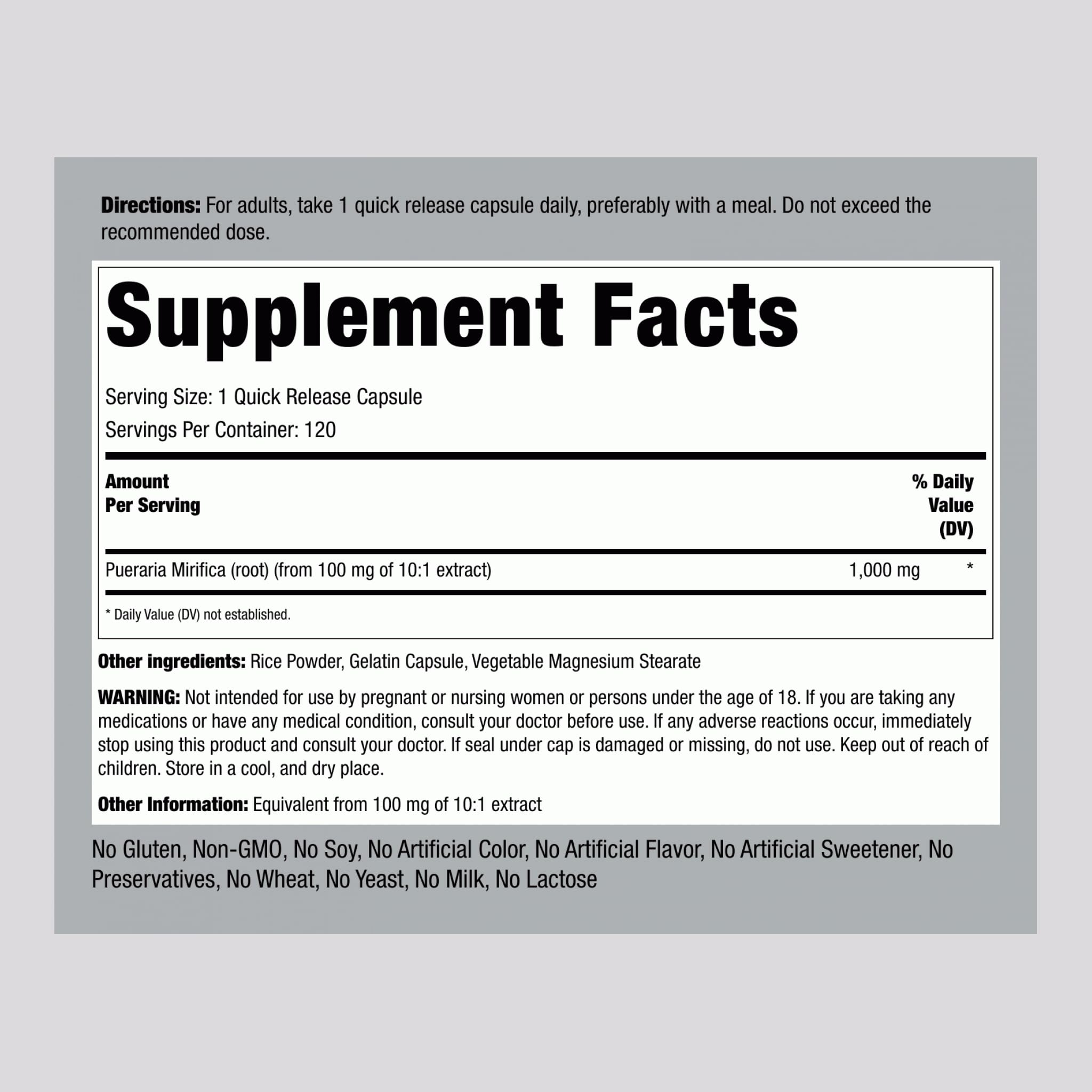 Piping Rock Pueraria Mirifica capsules package highlights gluten-free, non-GMO formulation