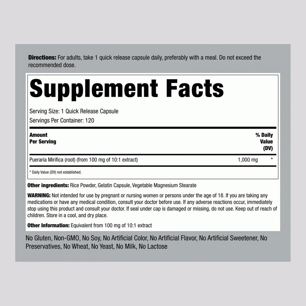 Piping Rock Pueraria Mirifica capsules package highlights gluten-free, non-GMO formulation
