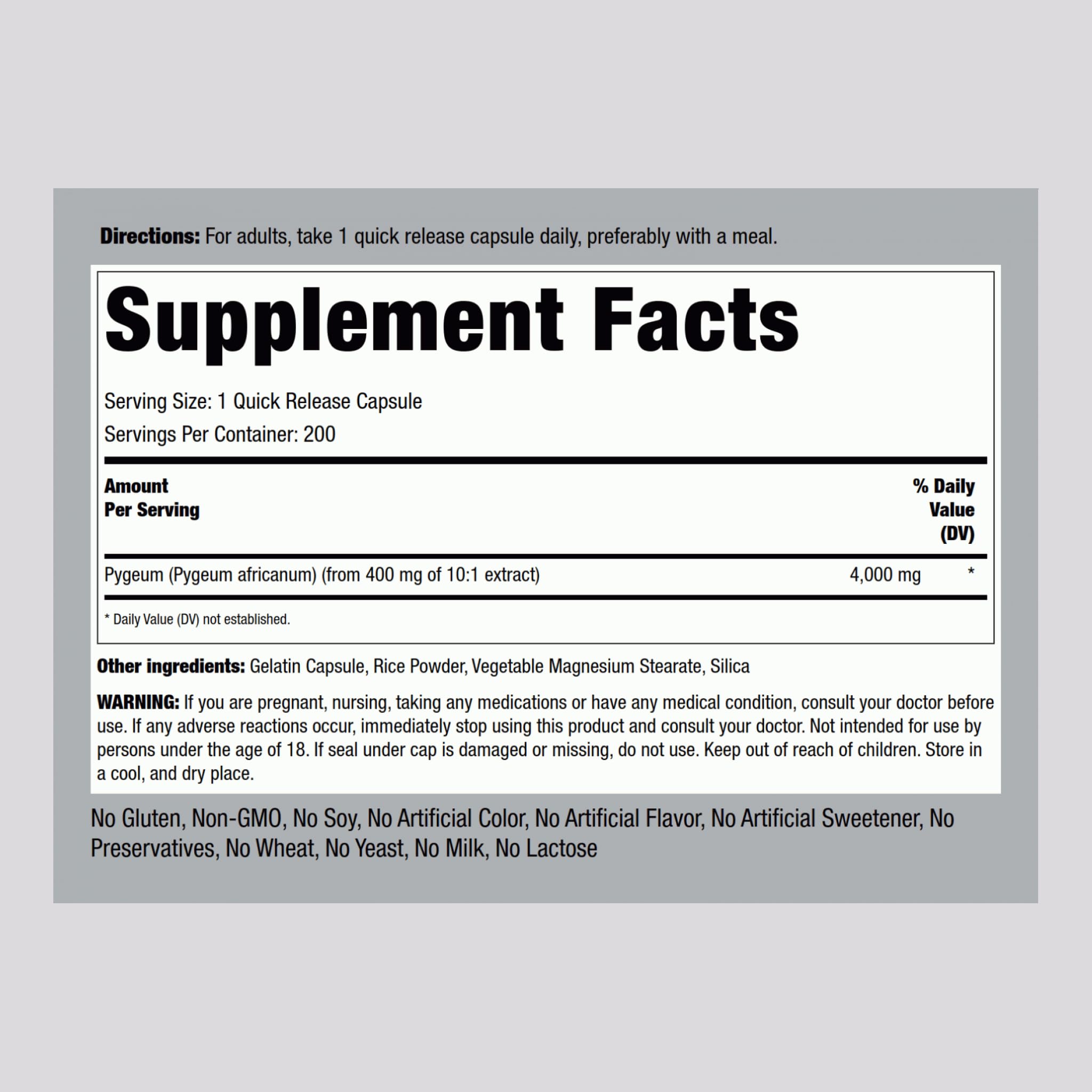 Piping Rock Pygeum 4000 mg capsules close-up for easy daily routine