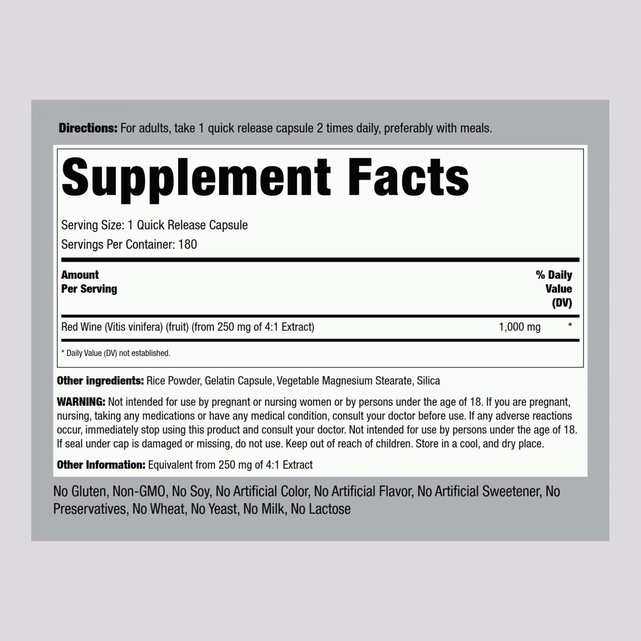 Piping Rock Red Wine Extract capsules shown for quick-release use.
