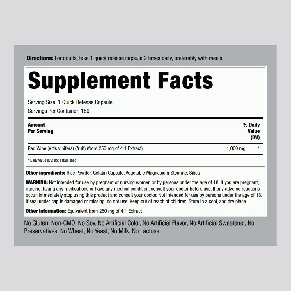 Piping Rock Red Wine Extract capsules shown for quick-release use.