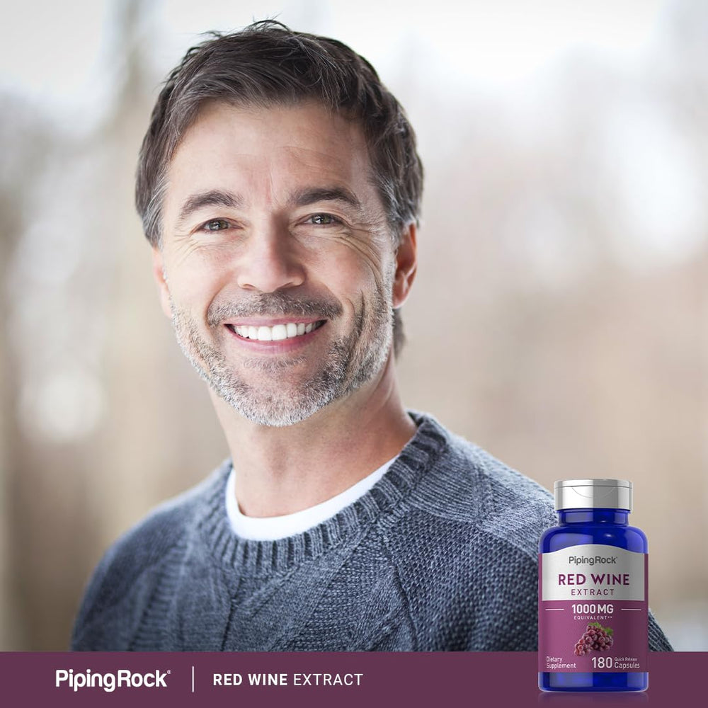 Piping Rock Red Wine Extract capsules being dispensed for easy daily use.