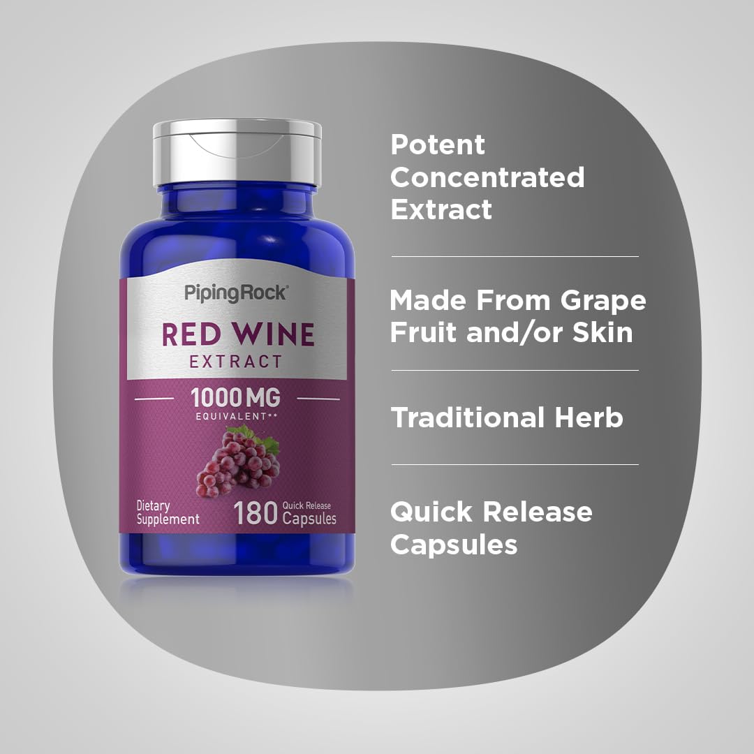 Piping Rock Red Wine Extract bottle label confirms gluten-free status.