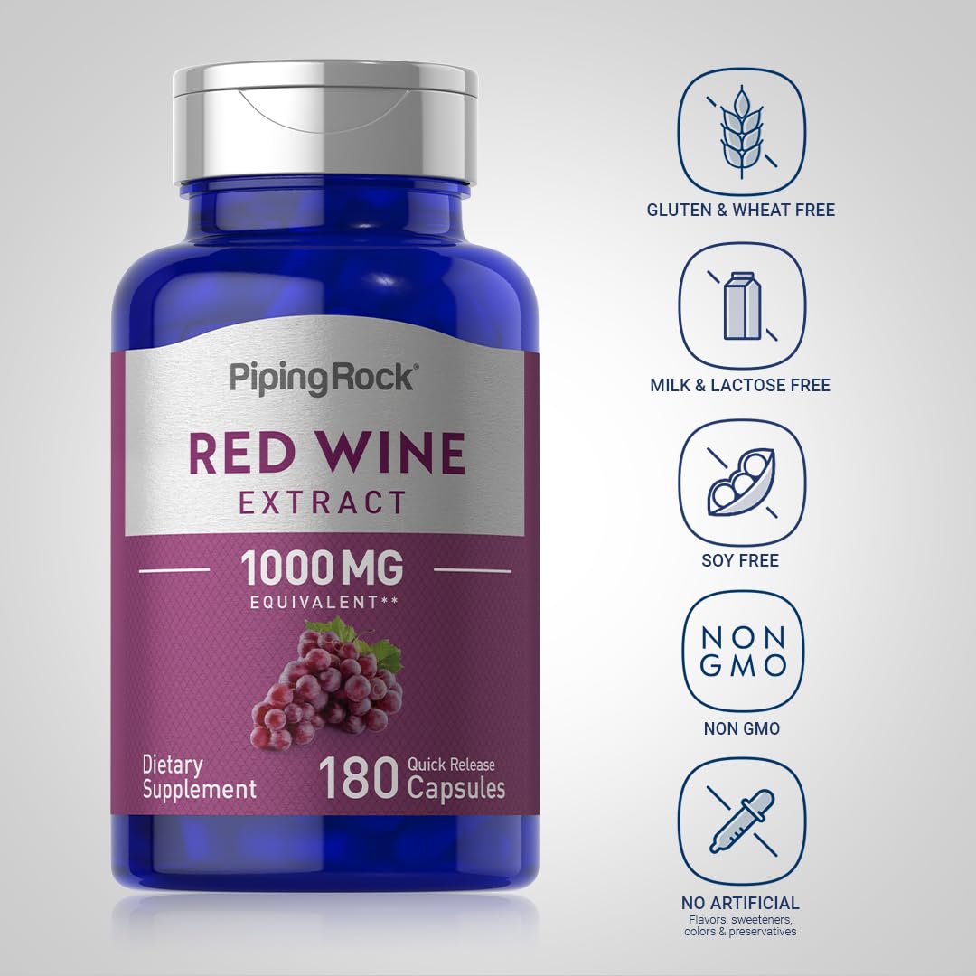 Piping Rock Red Wine Extract label close-up emphasizing purity and potency.