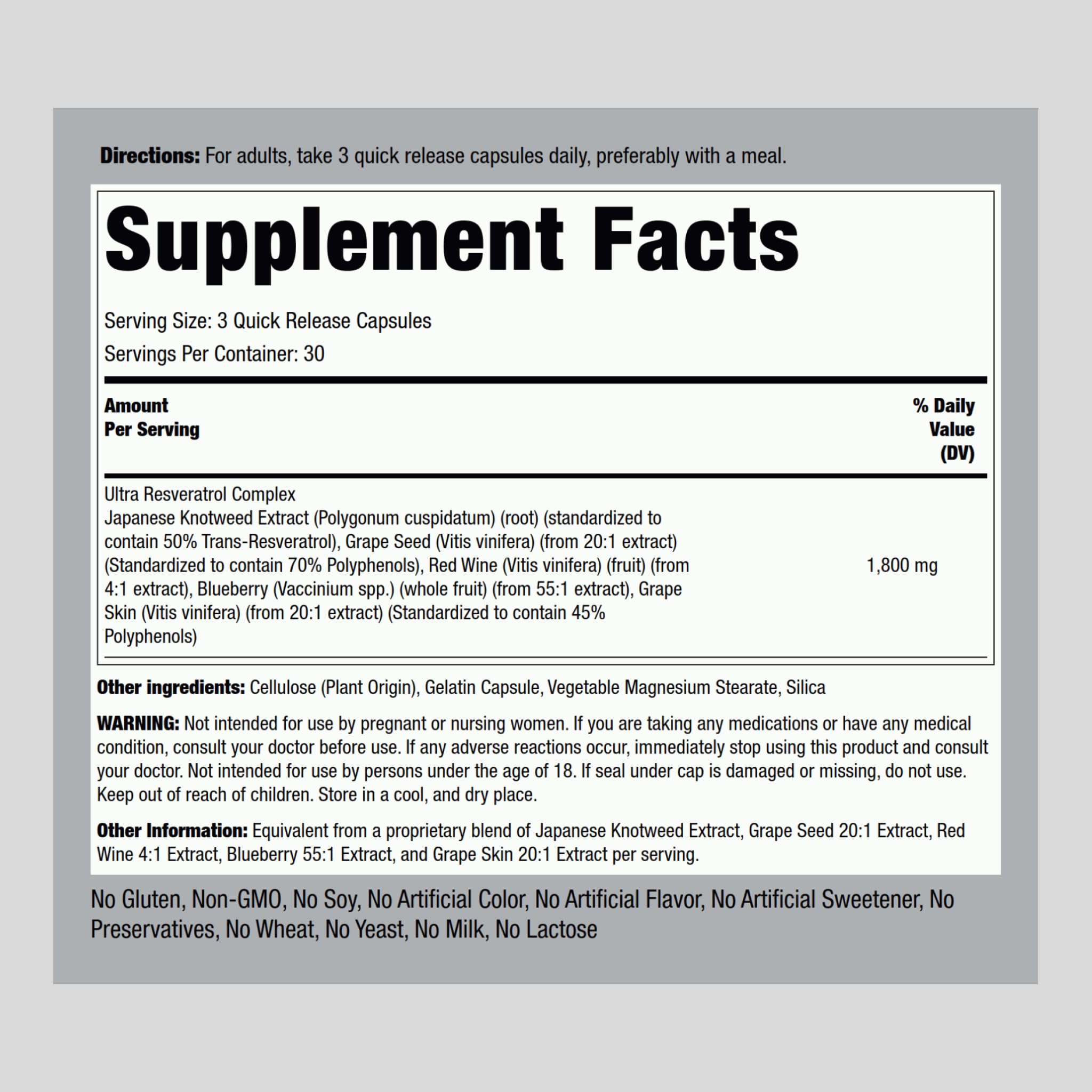 Piping Rock Resveratrol Complex bottle back with per-pack potency details.