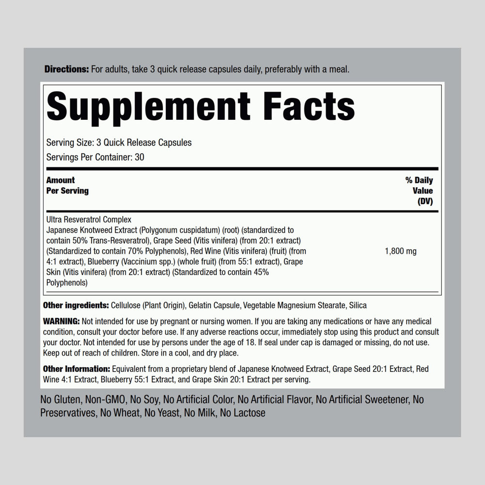 Piping Rock Resveratrol Complex bottle back with per-pack potency details.