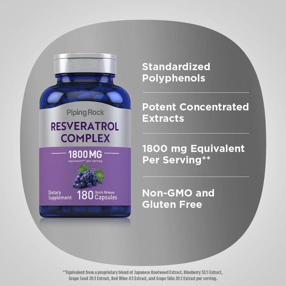 Piping Rock Resveratrol Complex label clearly shows ingredients and gluten-free status.