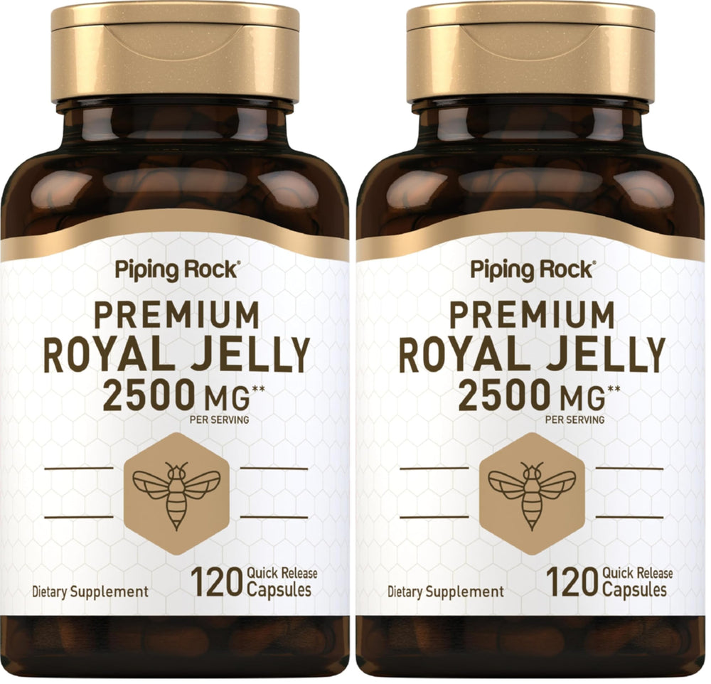 Piping Rock Royal Jelly Capsules bottle front shows premium, high-potency formula for daily wellness.