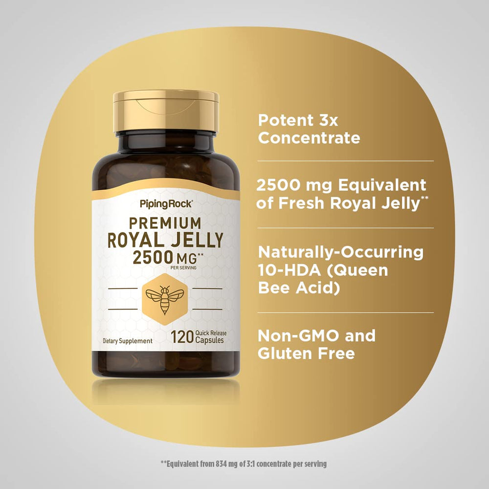 Piping Rock Royal Jelly Capsules label showcases non-GMO, gluten-free promise.