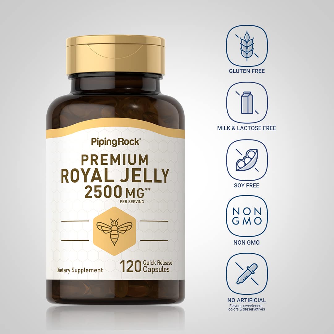 Piping Rock Royal Jelly Capsules soft gels ideal for easy swallowing and daily supplementation.