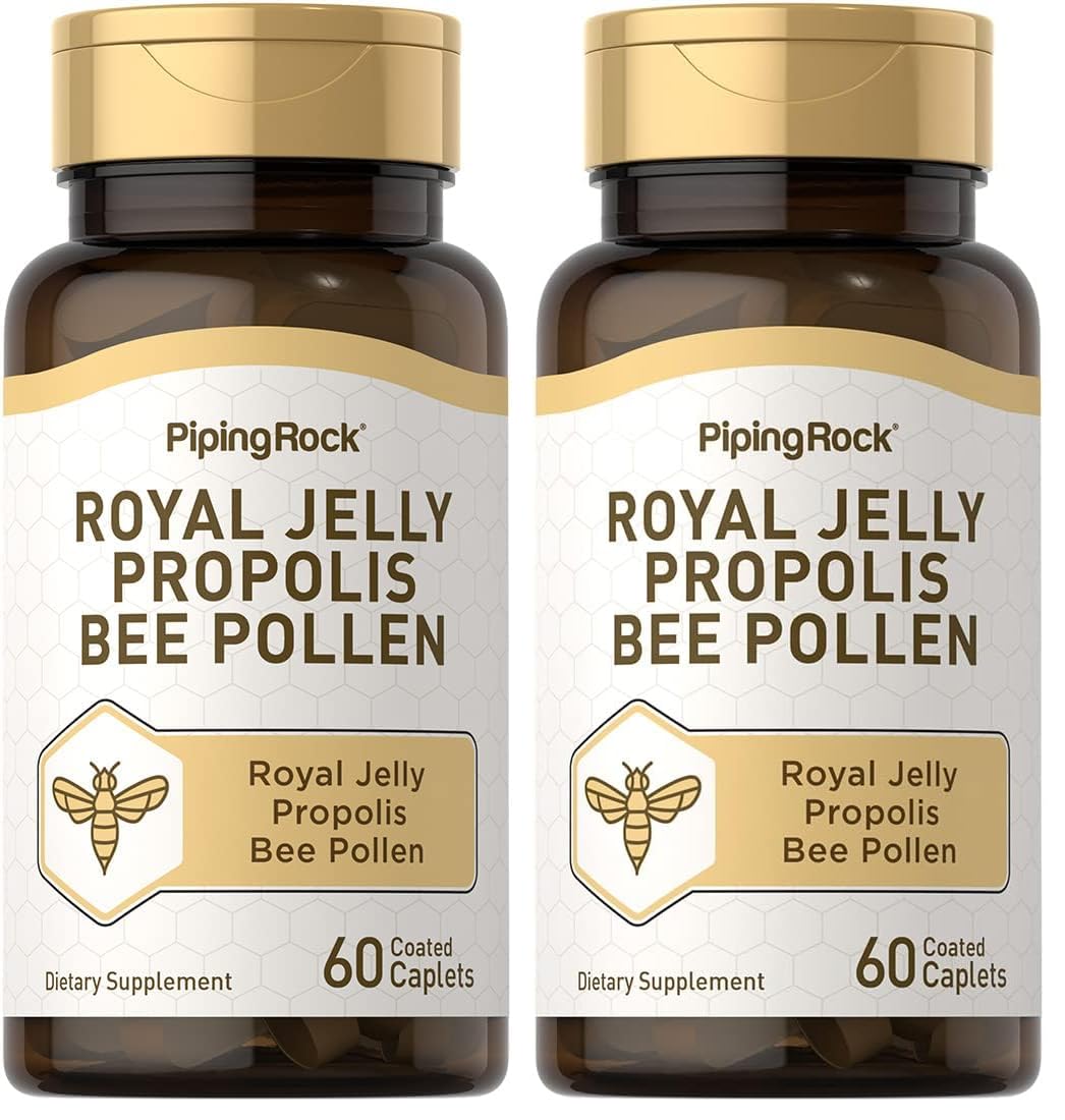 Piping Rock Royal Jelly Propolis Bee Pollen bottle featuring daily wellness caplets