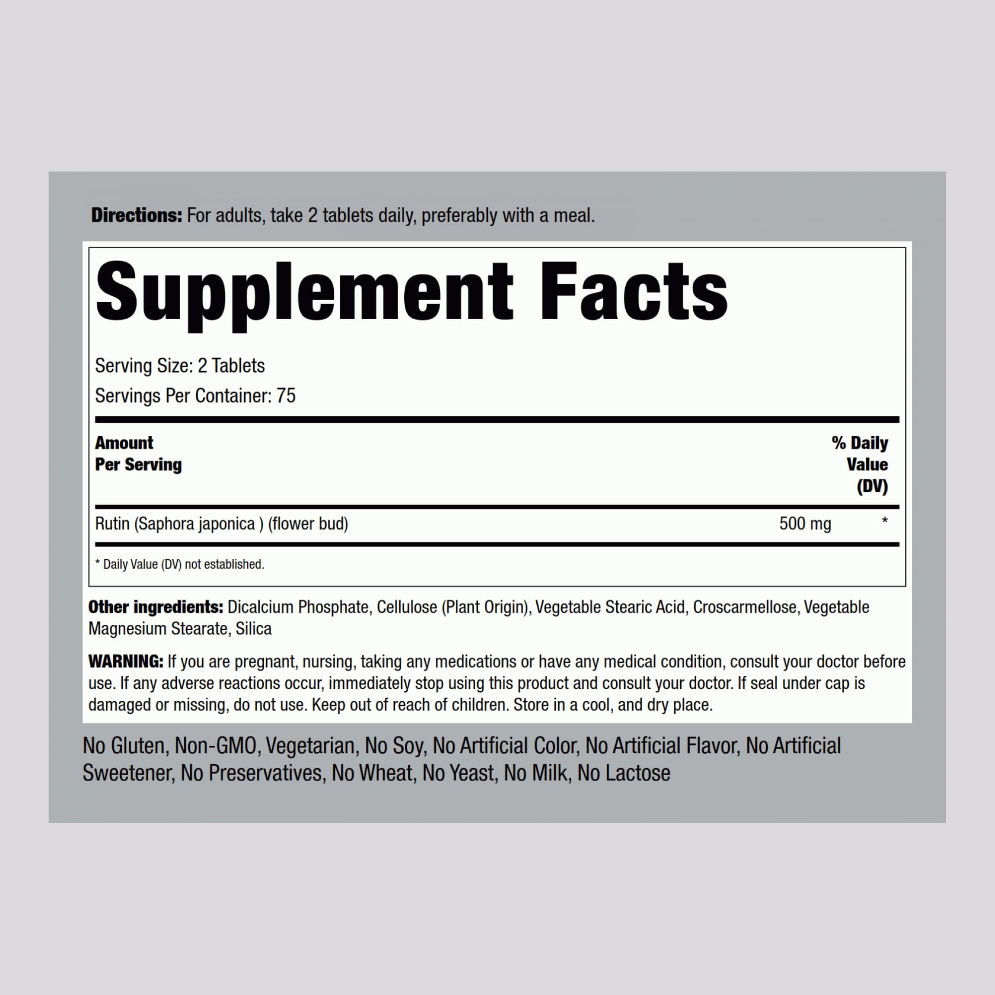 Piping Rock Rutin 500mg bottle label close-up with gluten-free and non-GMO details.