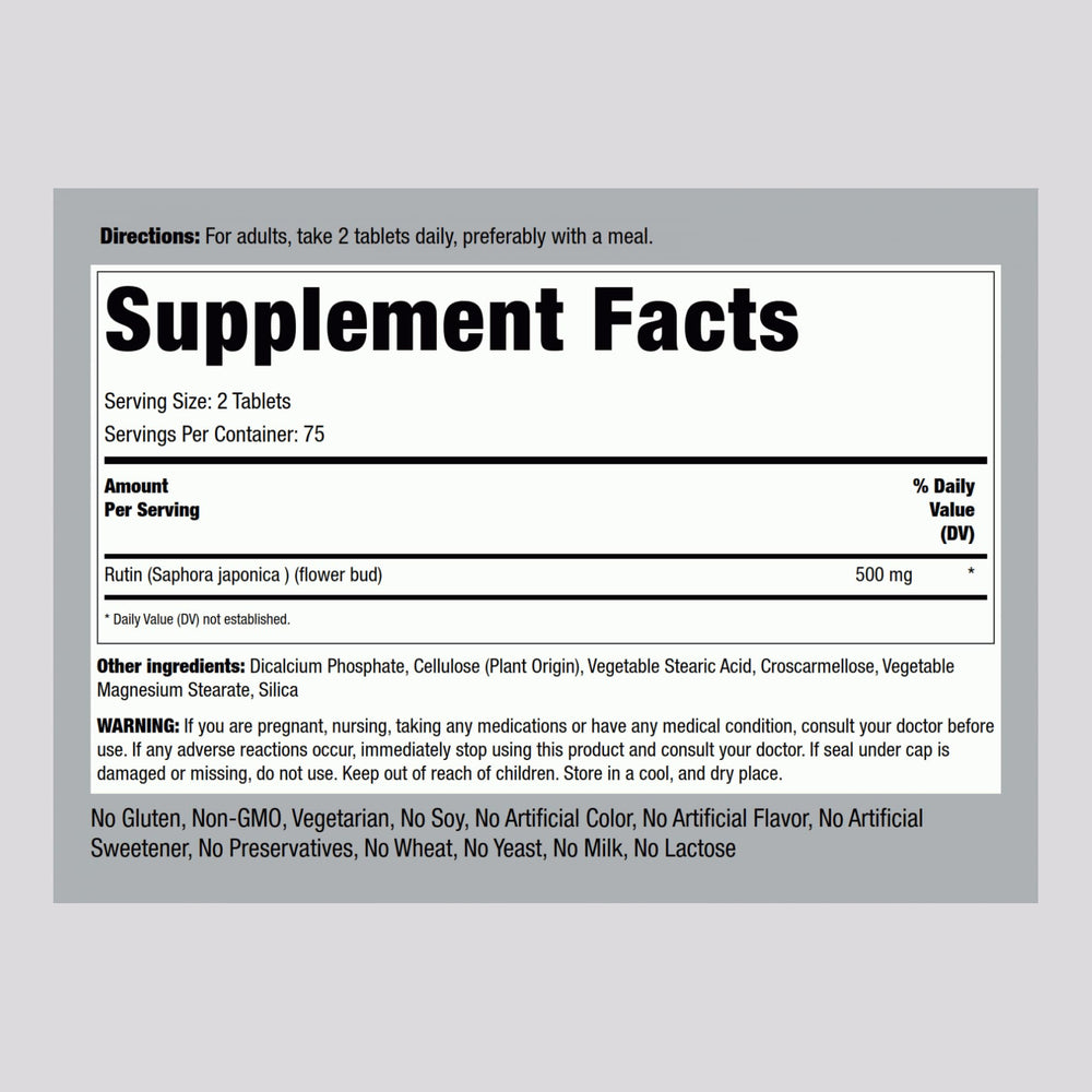 Piping Rock Rutin 500mg bottle label close-up with gluten-free and non-GMO details.