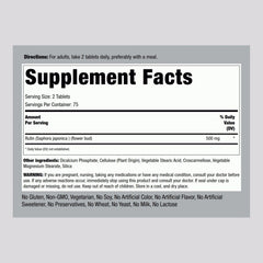 Piping Rock Rutin 500mg bottle label close-up with gluten-free and non-GMO details.