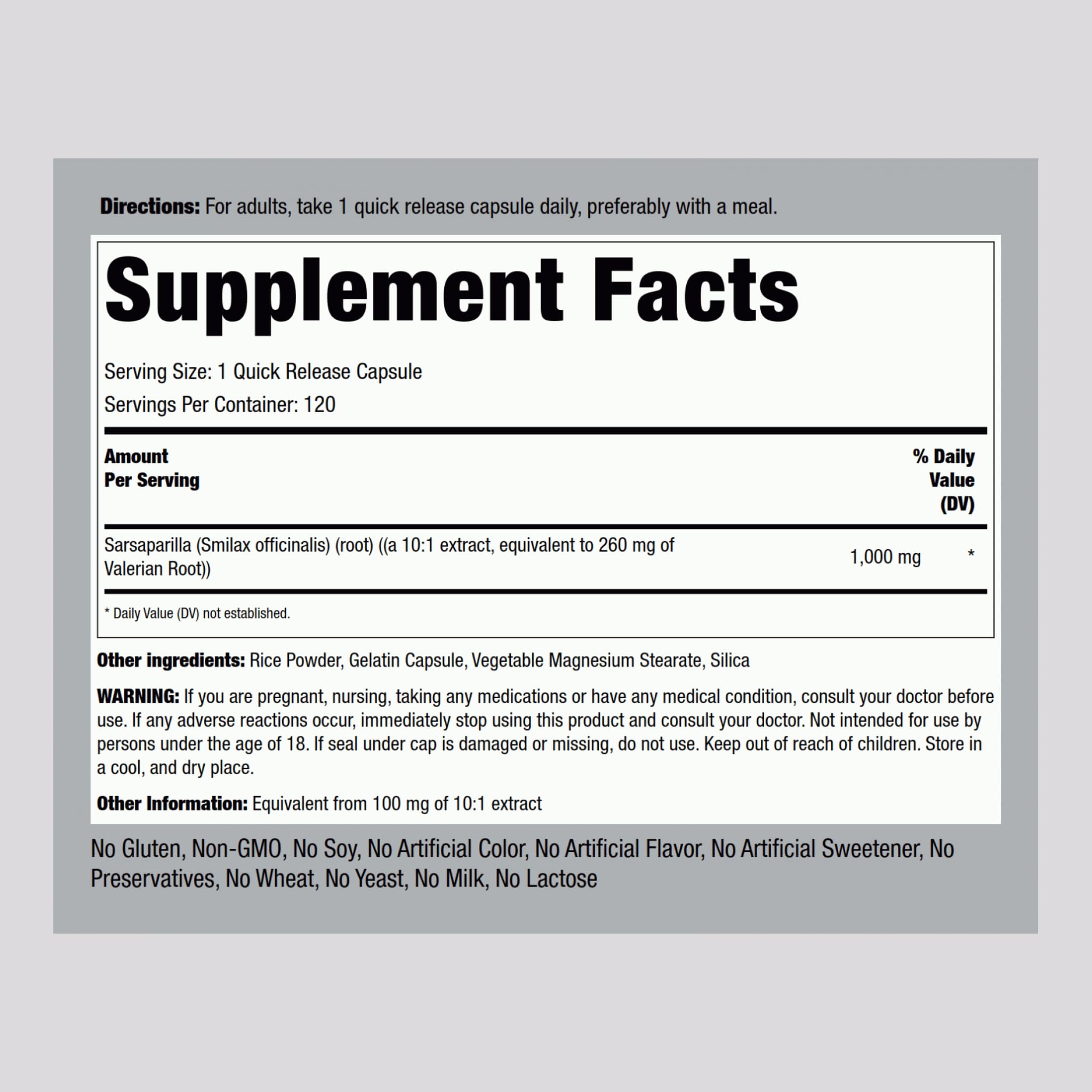 Piping Rock Sarsaparilla Root Capsules label closeup highlights purity and potency.