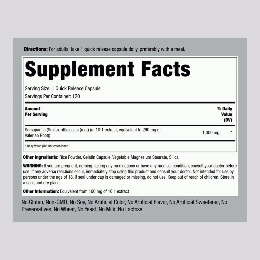 Piping Rock Sarsaparilla Root Capsules label closeup highlights purity and potency.