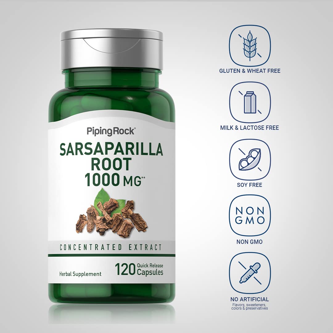 Piping Rock Sarsaparilla Root Capsules being poured for convenient use.