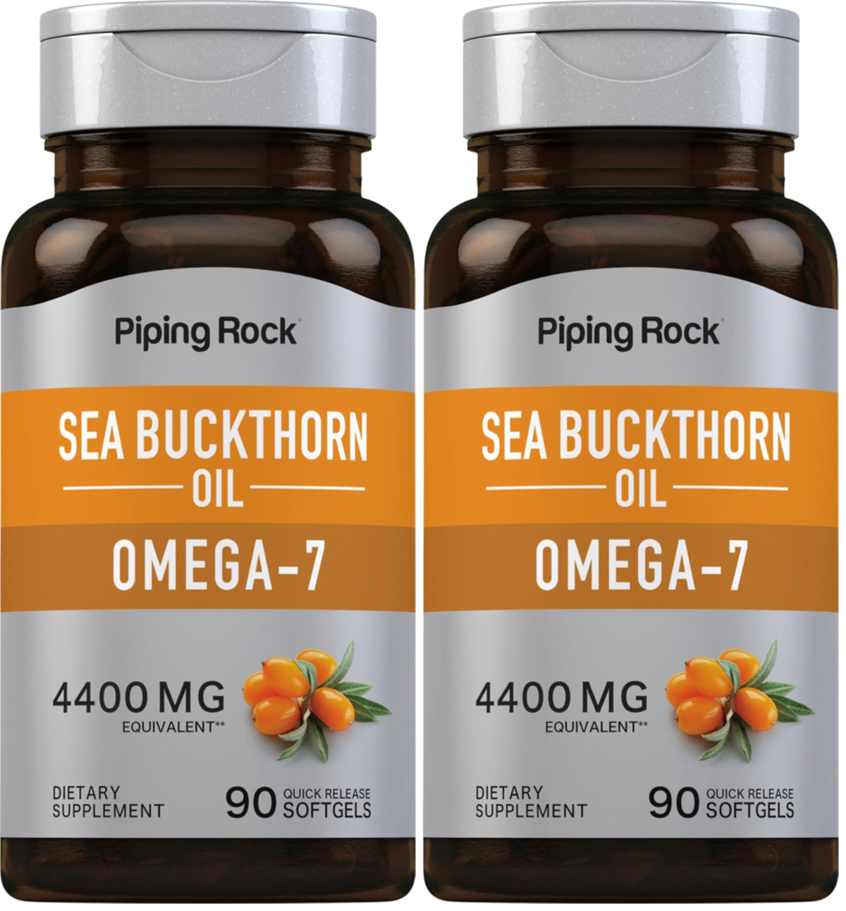 Piping Rock sea buckthorn oil capsules bottle with 90 softgels for easy daily use.