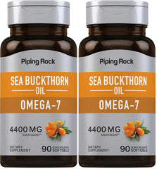Piping Rock sea buckthorn oil capsules bottle with 90 softgels for easy daily use.
