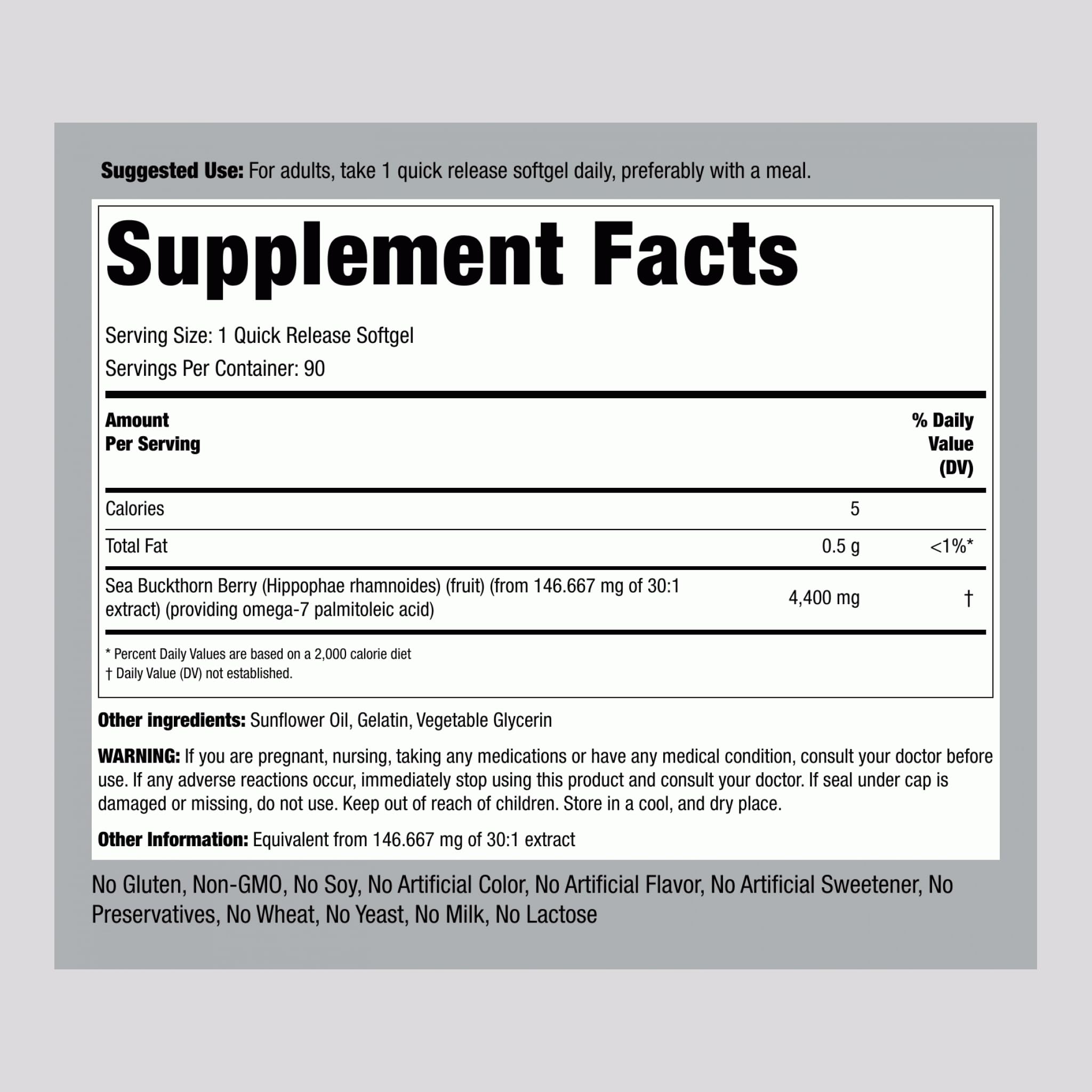 Close-up of softgel capsules highlighting omega-7 content from Piping Rock sea buckthorn oil.