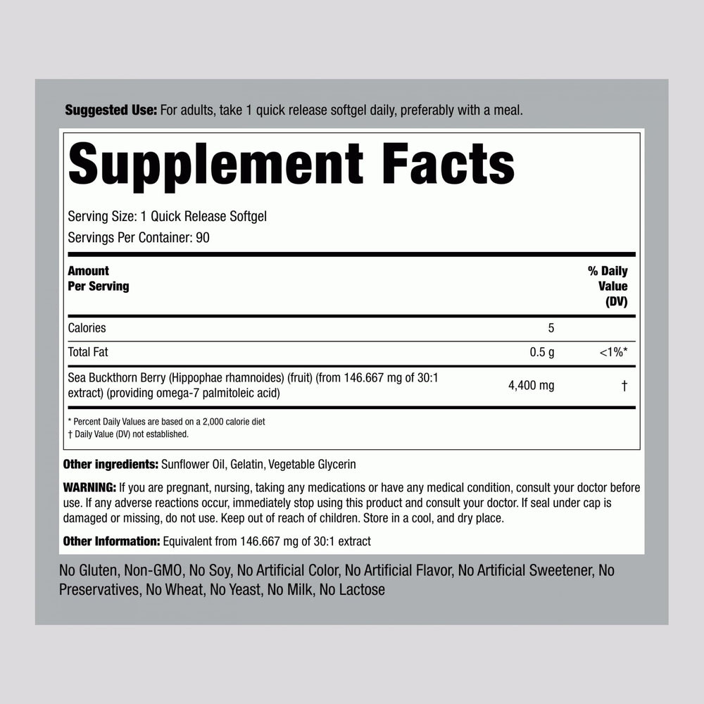 Close-up of softgel capsules highlighting omega-7 content from Piping Rock sea buckthorn oil.
