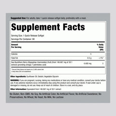 Close-up of softgel capsules highlighting omega-7 content from Piping Rock sea buckthorn oil.