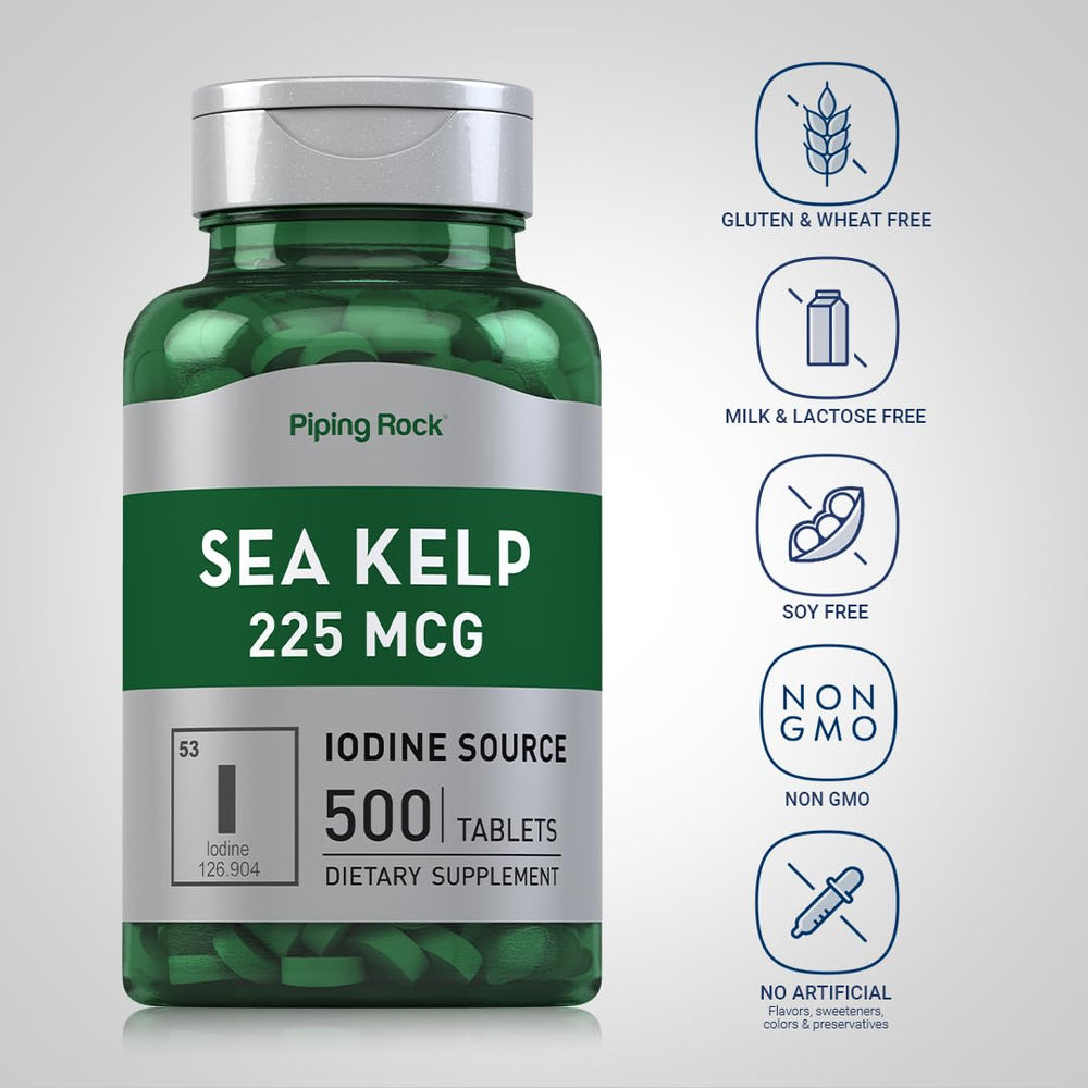Piping Rock Sea Kelp tablets, label closeup, indicates therapeutic-grade quality.