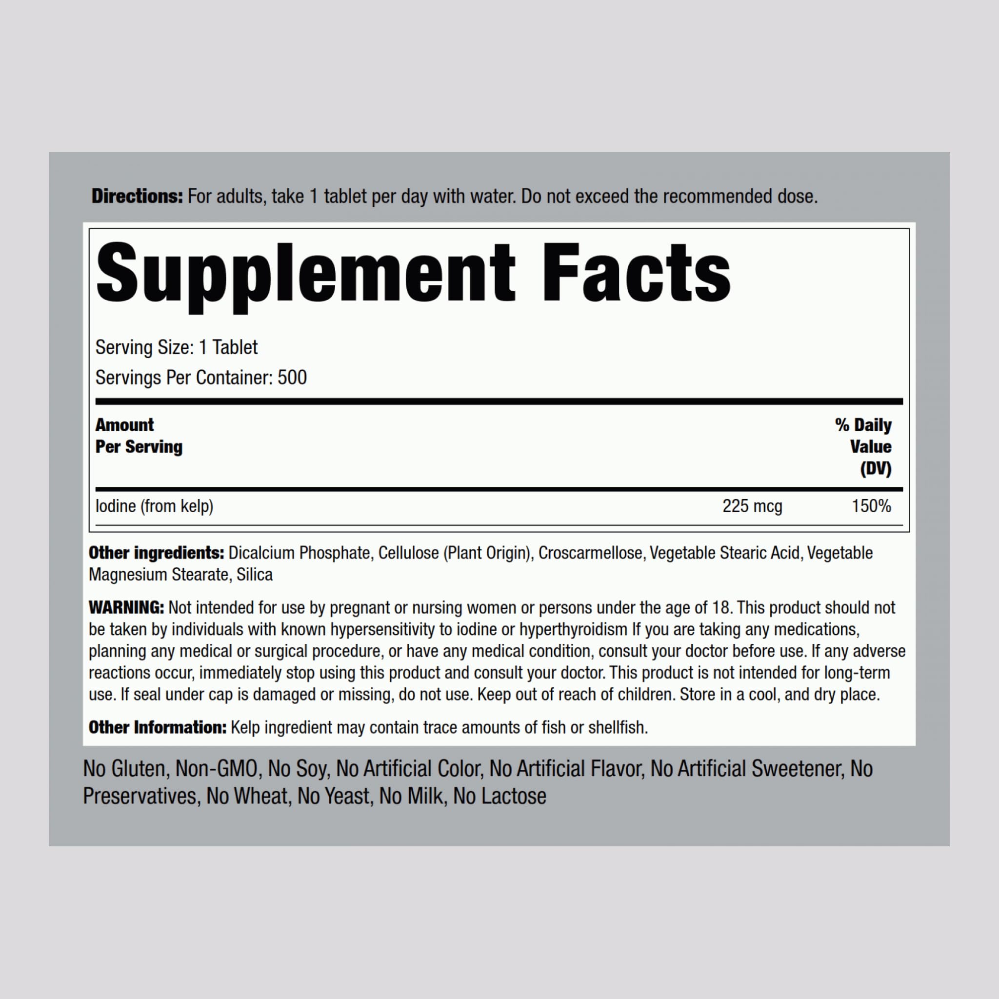 Piping Rock Sea Kelp tablets, back view, label highlights non-GMO and gluten-free features.