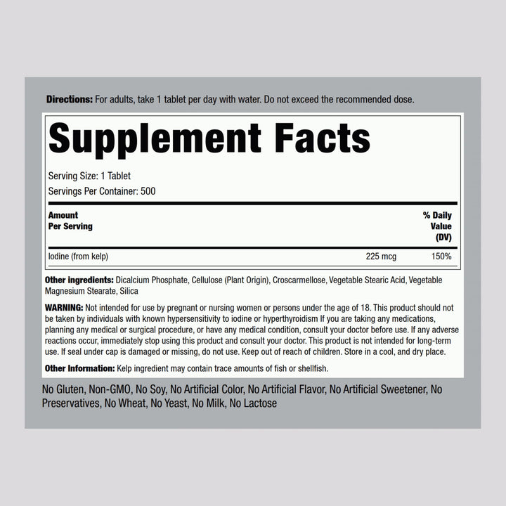 Piping Rock Sea Kelp tablets, back view, label highlights non-GMO and gluten-free features.