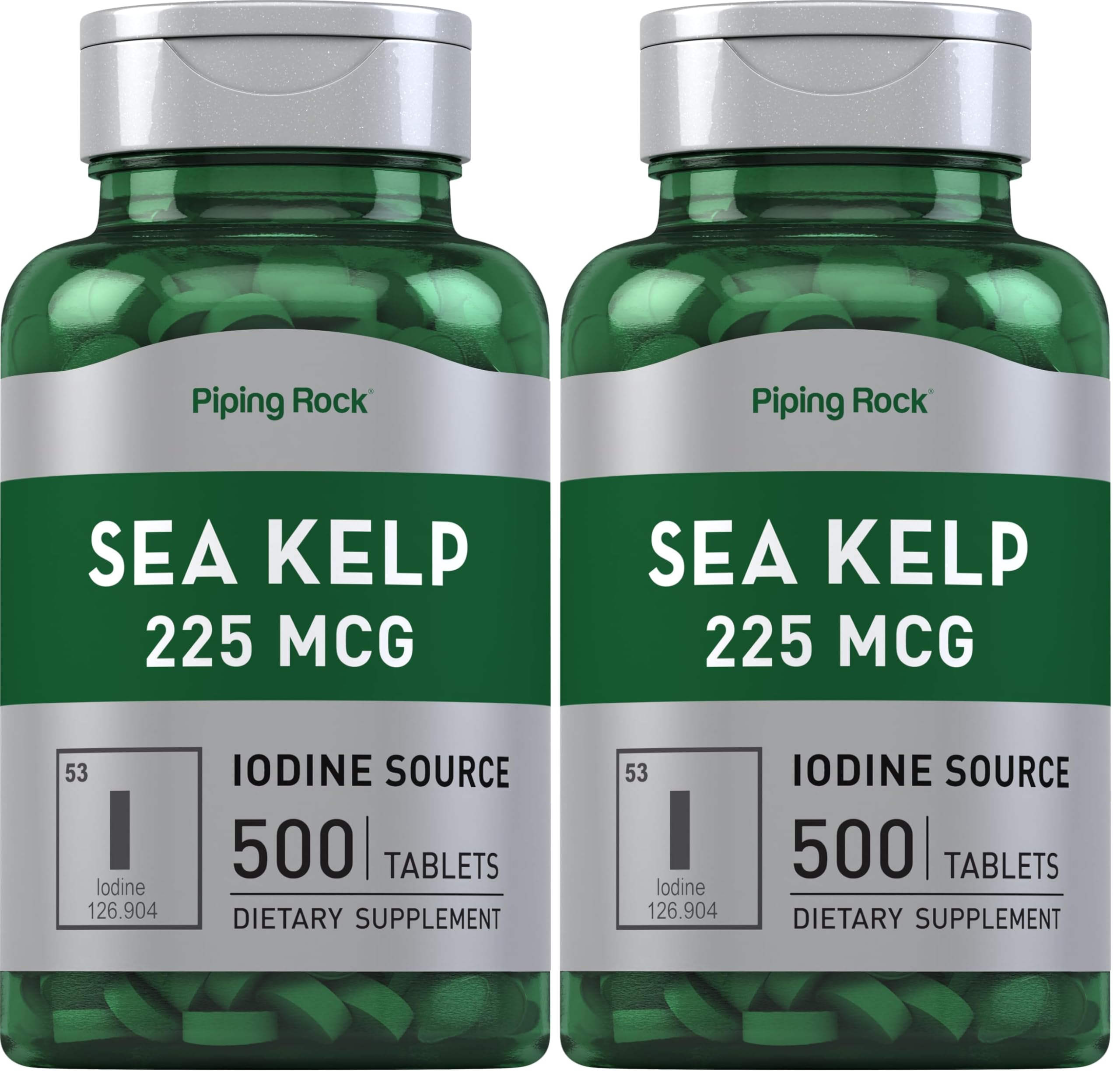 Piping Rock Sea Kelp tablets, front view, shows two-pack convenience and iodine source.
