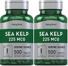 Piping Rock Sea Kelp tablets, front view, shows two-pack convenience and iodine source.